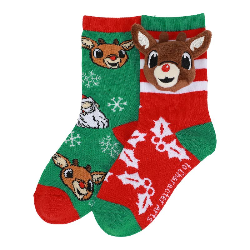 Rudolph The Red-Nosed Reindeer Holly & Snowflakes Kids 2-Pair Crew Socks, 1 of 5