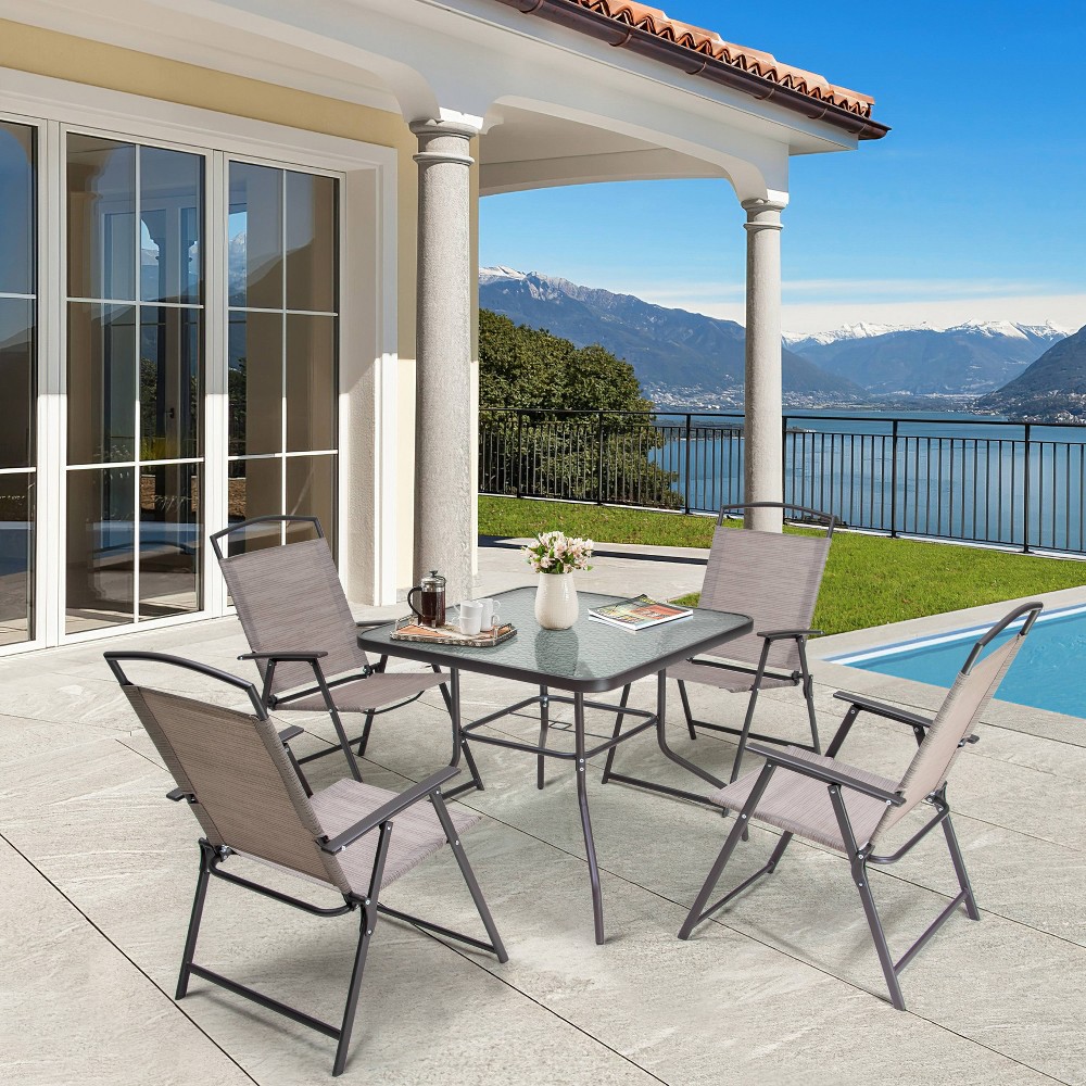 Photos - Garden Furniture 5pc Outdoor Steel Dining Set with Folding Chairs & Square Glass Table Top
