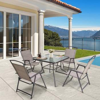 5pc Outdoor Steel Dining Set with Folding Chairs & Square Glass Table Top Beige - Crestlive Products