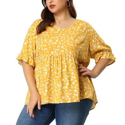 Agnes Orinda Women's Plus Size Floral Pleated V Neck Short Sleeve Tiered Babydoll Blouses