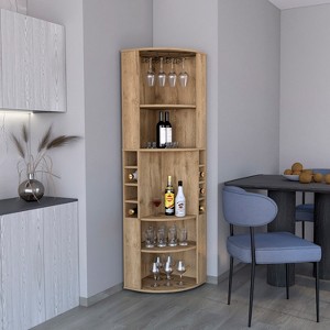 Vynxaria Corner Bar Cabinet 71"H with Five Shelves, Eight Bottle Cubbies and Stemware,Macadamia - 1 of 4