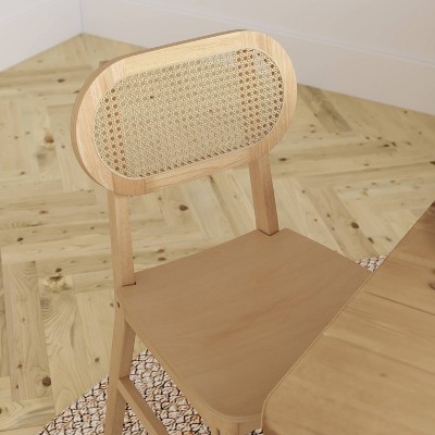 Natural Wood and Cane High Back Dining Chairs, Set of 2