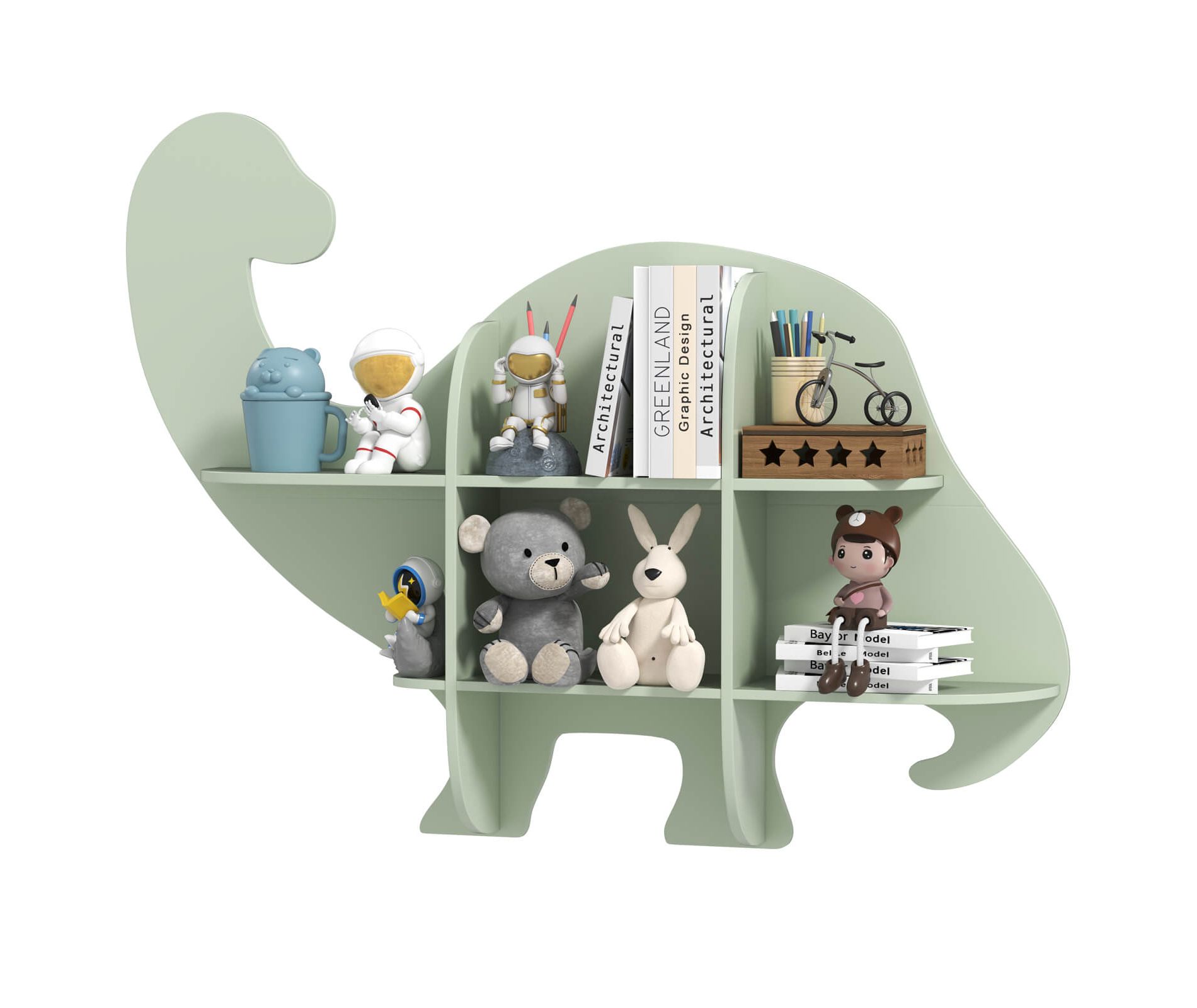 Infans 2-Tier Floating Dinosaur Kids Bookshelf Wall-Mounted Nursery Book Shelf