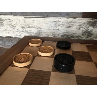 Black and Natural Wooden Checkers with Stackable Ridges, 2 Inches