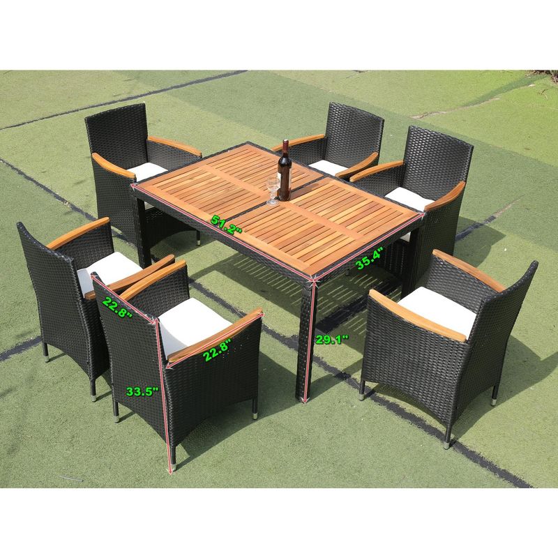 7-Piece Patio Wicker Dining Set, Outdoor Furniture with Acacia Wood Top Table, Black 4M - ModernLuxe, 3 of 9