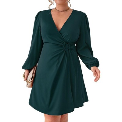 Women's Plus Size V Neck Wrap Dress Casual Long Sleeve High Waist Party  Business Work Blazer Midi Dress Dark Green Xl : Target