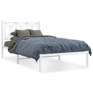 vidaXL White Metal Bed Frame with Headboard – Single Bed Frame with Storage Space, Steel Slats and Legs, 81.5" x 41.3" x 35.4" - 1 of 4