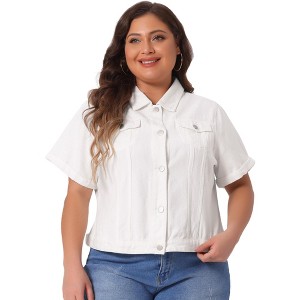 Agnes Orinda Women's Plus Size Denim Button Front Crop Short Sleeve Trucker Jean Jackets - 1 of 4