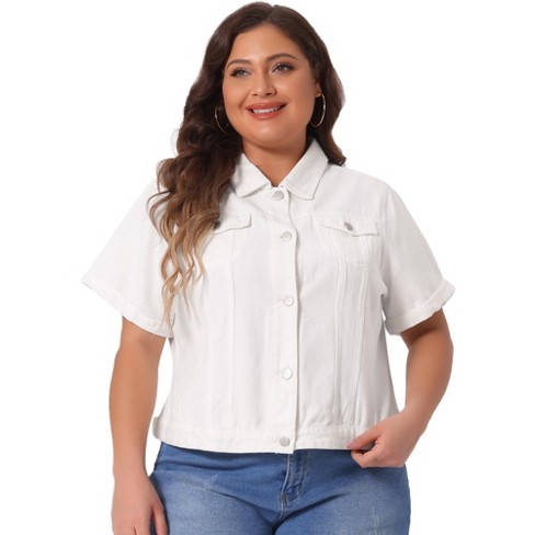 Agnes Orinda Women's Plus Size Denim Button Front Crop Short Sleeve Trucker Jean Jackets - image 1 of 4