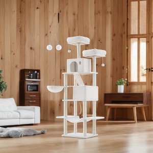 81.1 Inch Large Cat Tree Tower  with 13 Scratching Posts, 2 Perches, 2 Caves, Basket, Hammock, Pompoms - Multi-Level Plush Cat Condo for Indoor Cats - 1 of 4