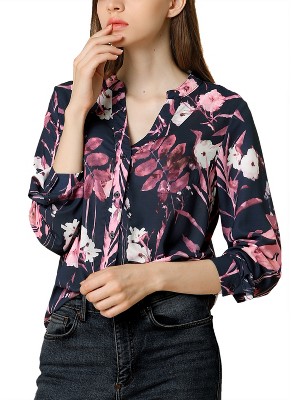 Allegra K Women's Floral Loose V Neck Long Sleeve Button-up Shirt : Target