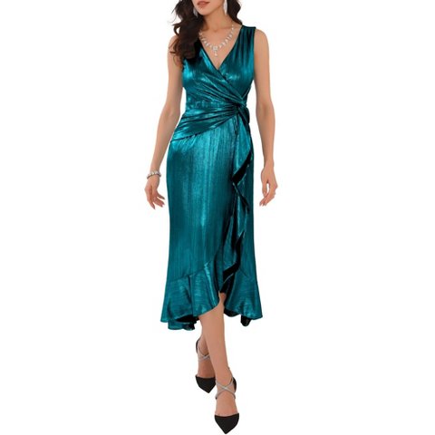 Женские платья INSPIRE CHIC Women's V-Neck Ruffled Hem Wrap Tie Sleeveless Metallic Midi Dress Peacock Blue Large