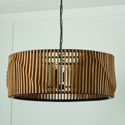 Light Wood and Matte Black 6-Light Drum Chandelier