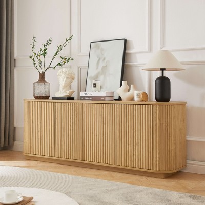 ORRD 64'' Wave Pattern Sideboard Buffet Cabinet, Natural Wood, Striped Doors