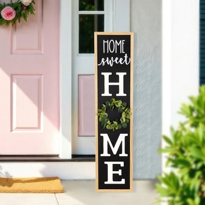 Black and Natural Wood Outdoor Porch Sign with Wreath Accent