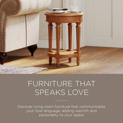 Antiqued Natural Round Wooden Side Table with Carved Details