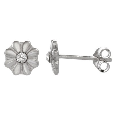 FAO Schwarz Sterling Silver Flower Stud Earrings with Crystal Stone Accent