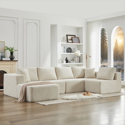 137.8" Corduroy Upholstery U-Shaped Cloud Modular Sectional Sofa with Left Chaise and Pillows, All-Foam Compression Design