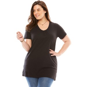 Woman Within Perfect Short-Sleeve Shirred V-Neck Tunic - 1 of 4