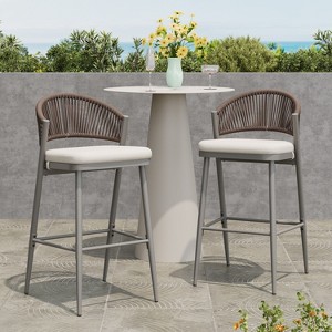 Christopher Knight Home Dafydd Outdoor 30" Iron and Rattan Barstools with Scallop-shaped Backrest (Set of 2) - 1 of 4