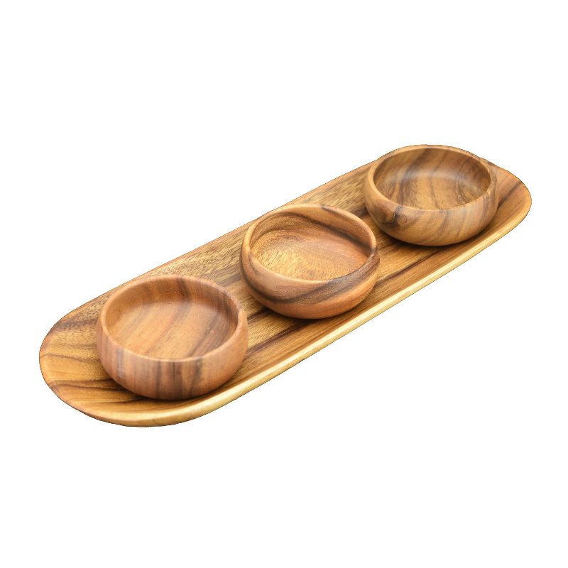 Pacific Merchants Acaciaware 16.5 Inch Baguette Tray with 3 Dipping Bowls, 1 of 2