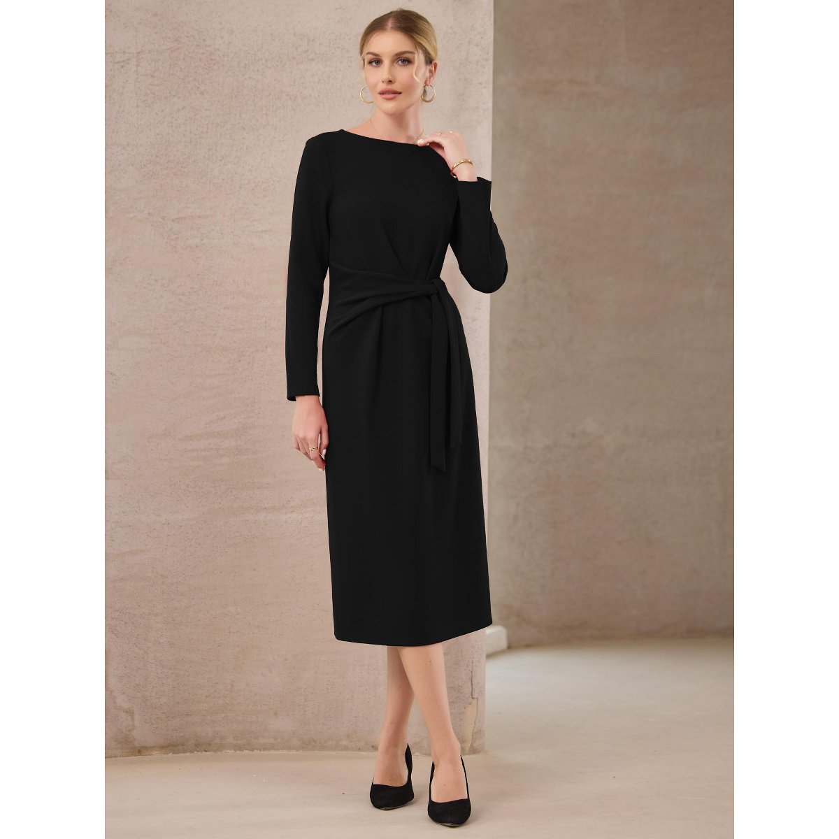 Женские платья INSPIRE CHIC Women's Midi Pencil Long Sleeve Tie Waist Church Work Sheath Dresses Small Black — фото 2