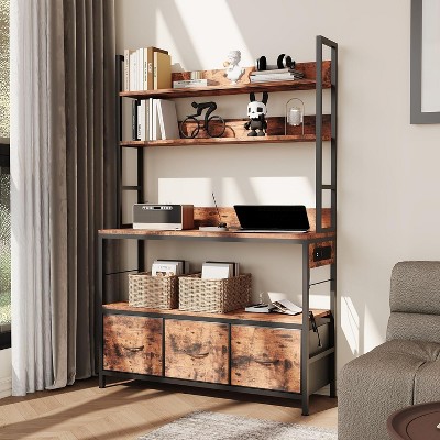 Industrial 5-Tier Bakers Rack with Power Outlet, Microwave Stand with Storage Cabinet & 10 Hooks for Kitchen Organization