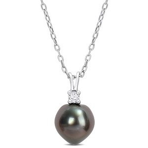 EVERLY JEWELRY | Sterling Silver 8-9mm Black Tahitian Cultured Pearl and 1/10 CT TGW White Topaz Pendant with Chain - 18 in - 1 of 4