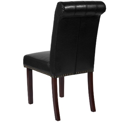 Black Leather Upholstered Parsons Side Chair with Wood Legs