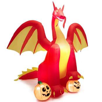 Tangkula 9FT Giant Inflatable Dragon Halloween Inflatable Dragon Decoration w/ 2 Pumpkins Wings Built-in LED Lights & Powerful Blower