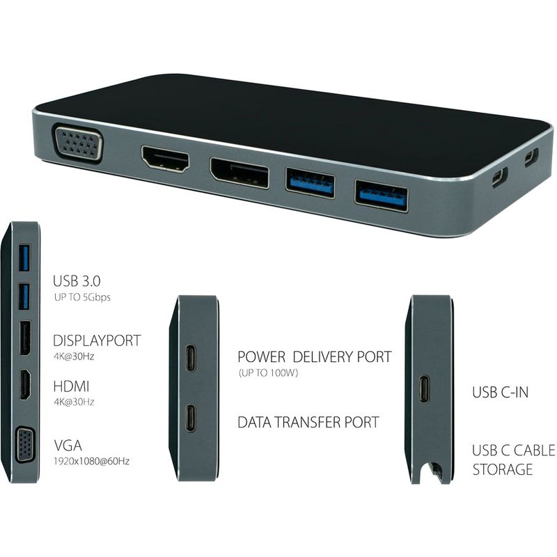 VisionTek VT200 USB C Portable Dock - for Notebook/Desktop PC - 100 W - USB Type C - 5 x USB Ports - 2 x USB 3.0 - HDMI - VGA - DisplayPort - Wired, 2 of 7