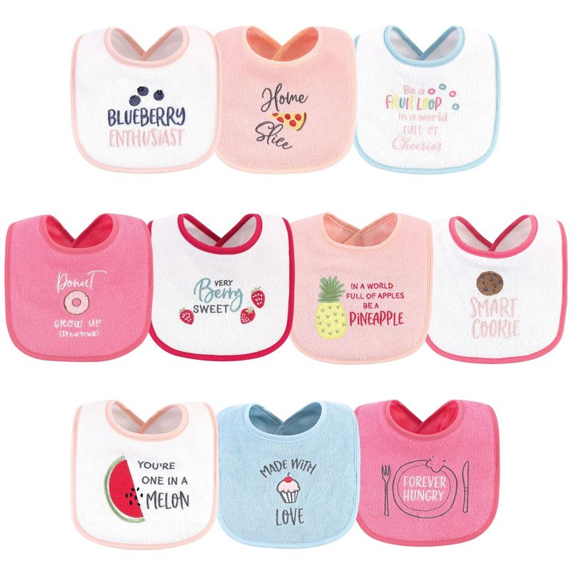 Hudson Baby Infant Girl Cotton Terry Drooler Bibs with Fiber Filling 10pk, Food Girl, One Size, 1 of 13