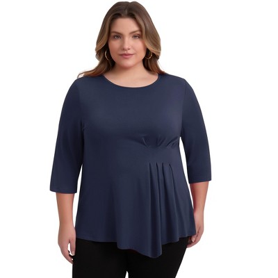 Women's Plus Size Crew Neck Waist Pleated 3/4 Sleeve Asymmetric Hem Casual Loose Fit Blouses - GRACE & GRANDEUR
