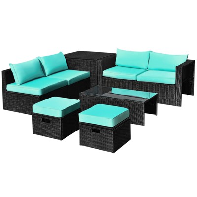 Tangkula 8PCS Patio Conversation Set Sectional Sofa Set, All-Weather PE Rattan, Tempered Glass Table & Washable Cushion Covers