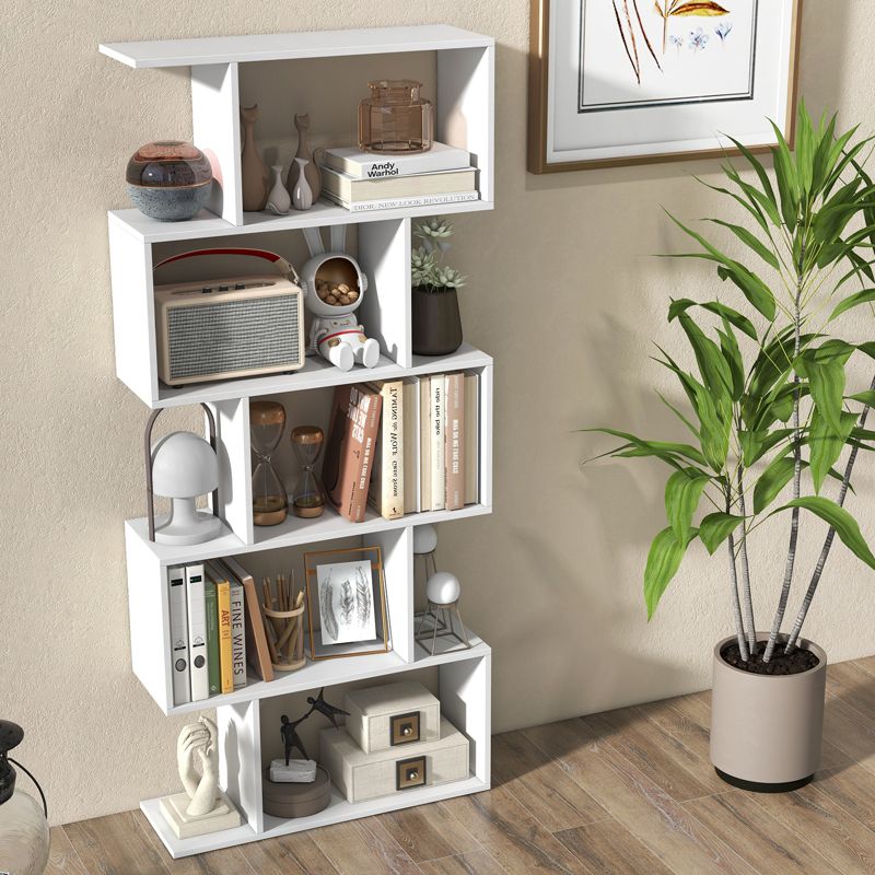 Tangkula 5-Tier Geometric Bookshelf Wooden Decorative Display Shelf w/Large Capacity Freestanding S-shaped Bookcase Black/White/Rustic Brown, 2 of 7