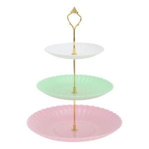 Unique Bargains 3 Tier Dessert Cupcake Stand Wave Style with Tiered Serving Tray for Donuts Fruits White Pink Gree - 1 of 4