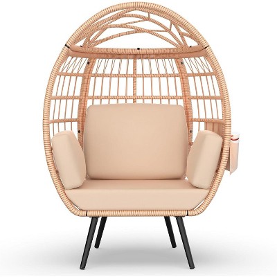 Egg Chair Oversized Lounger with UV-Resistant Cushions, All-Weather Wicker for Indoor/Outdoor, 370lbs Capacity, Beige