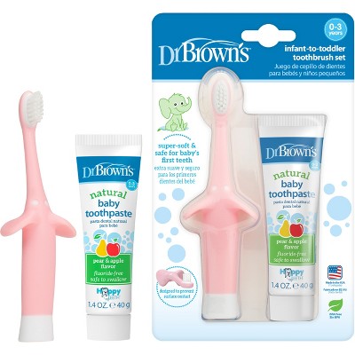 Dr. Brown's Infant-to-Toddler Training Toothbrush Set & Fluoride-Free Natural Baby Toothpaste Pear & Apple Flavor - Pink Elephant - 1.4oz
