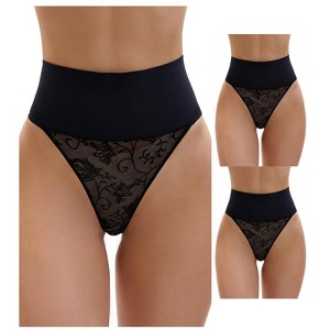 INSPIRE CHIC Women's 3 Packs High Waisted Tummy Breathable Elastic Lace Firm Control Thong Shapewear - 1 of 4