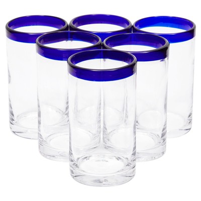 Okuna Outpost Set of 6 Hand Blown Mexican Drinking Glasses, Cobalt Blue Rimmed Water Glassware Tumblers (14 oz)