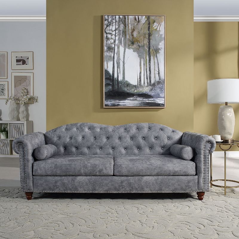 81.25" Chesterfield Classic Upholstered Tufted Sofa Couch with Nailhead Accents, Scrolled Arms, and Turned Legs-ModernLuxe, 1 of 8