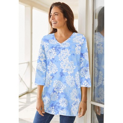 Woman Within Perfect Printed Three-Quarter Sleeve V-Neck Tee