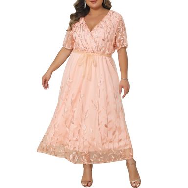 Women's Plus Size Wedding Guest Dress Sequin Printed Wrap V Neck Tie Waist  Prom Cocktail Party Flowy A Line Maxi Dresses - Agnes Orinda 3X Champagne :  Target