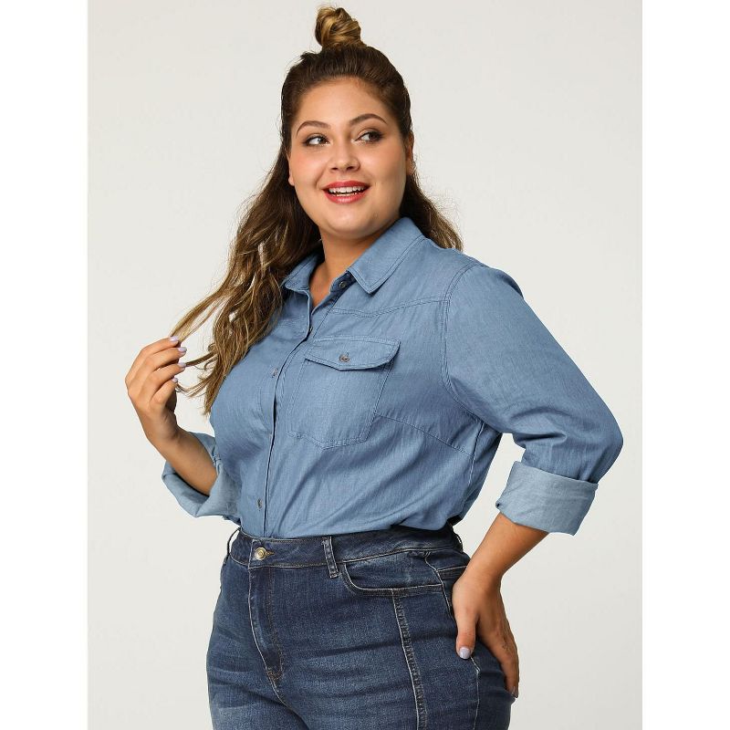 Agnes Orinda Women's Plus Size Business Casual Trendy Button Down Long Sleeve Fall Denim Shirts, 3 of 8