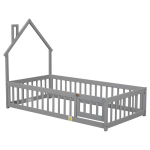 FONTOI Beds, Twin Size Bed with House-shaped Headboard, Wood Bed with Guardrails and Door for Girls and Boys, Gray, 44.8"*57.2"*78.2" - 1 of 4