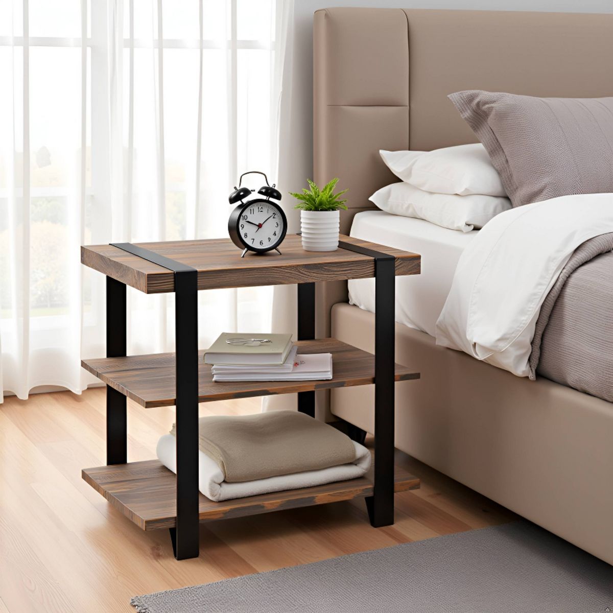 27" Modesto Wide 2 Shelf End Table with Metal Strap, Wood - Alaterre Furniture: Rustic Industrial Design, Black Frame - thumbnail 7