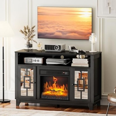 VINGLI Fireplace TV Stand for TVs up to 60'', Mirrored Media Entertainment Center Console Table with 18'' Electric Fireplace, Black