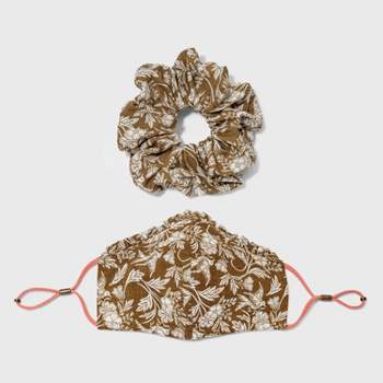 Ruffle Trim Floral Print Face Mask + Hair Twister - Universal Thread™ BrownOne Size