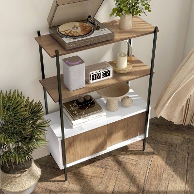 White and Oak Adjustable 3-Shelf Bookcase with Sliding Doors