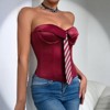 Garvee Strapless Back Lace Up Corset Top Cutout Bustier Summer Striped Preppy Office-Chic Tube Tops Tie Destail Tops - 4 of 4